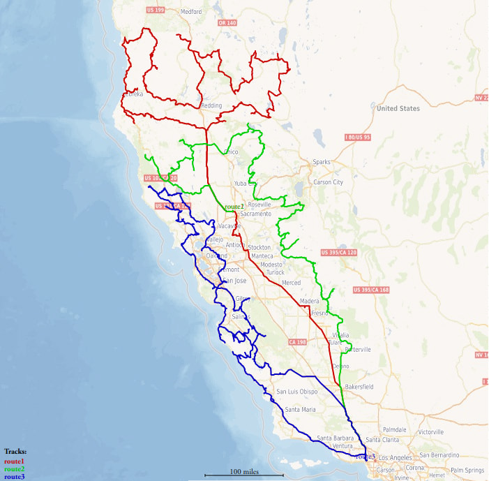 A map showing a solution to the vehicle routing problem in 
California